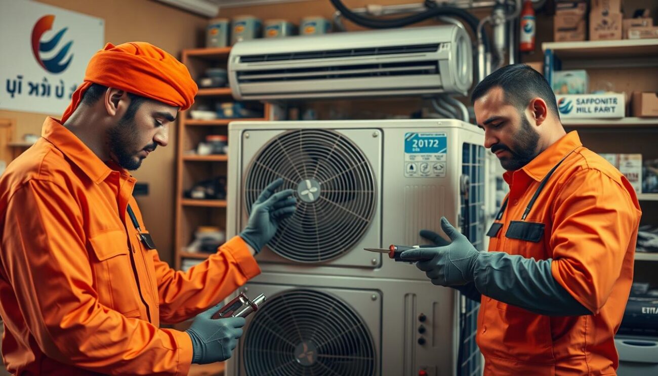 A well-equipped workshop with two Arab-looking technicians in orange-tinted uniforms, meticulously examining the inner workings of a residential air conditioning unit. The foreground features the technicians' skilled hands, tools, and various AC components, while the middle ground showcases the unit itself. The background sets the scene with shelves of spare parts and a company logo reading "مكه لصيانة الاجهزة المنزلية". Warm, diffused lighting creates a professional, focused atmosphere as the technicians thoroughly diagnose and service the AC system.